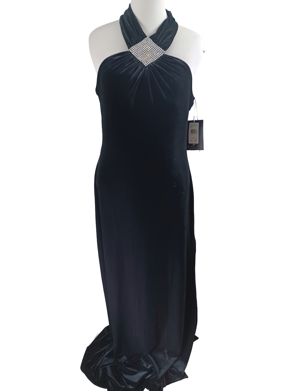 JS BOUTIQUE VELVET HALTER GOWN WITH RHINESTONE DETAIL SIZE 6 NWT
